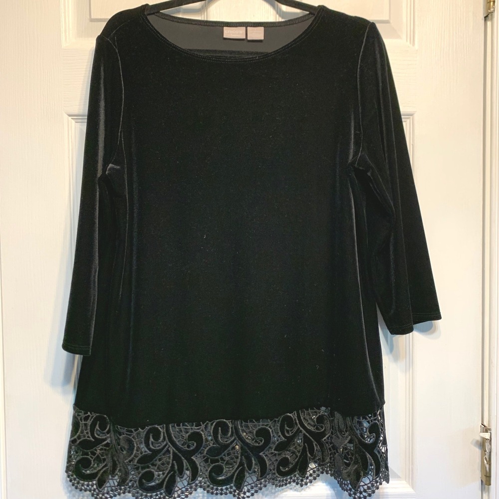 Chico's Velvet Tunic Top Size 1 Med Black Lace Trim Goth Victorian Party Elegant